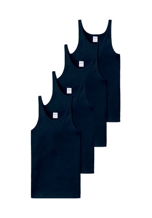 Cinque canottiere nere senza maniche impilate leggermente sfalsate, che mostrano la differenza di taglia dalla piccola alla grande.