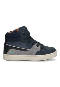 Hoge sneakers van marineblauwe textiel en grijs suède, met zwarte accenten, ronde veters en een gestructureerde rubberen zool.