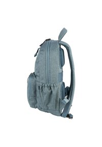 Zaino in tessuto grigio con due scomparti con zip, dettagli in rete, schienale imbottito, tasche laterali e spallacci regolabili per il massimo comfort.