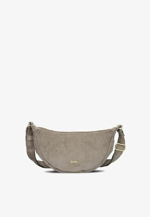 Corduroy shoulder bag in light taupe with a curved shape, adjustable strap, and a gold logo detail. Textured surface with a zip closure.