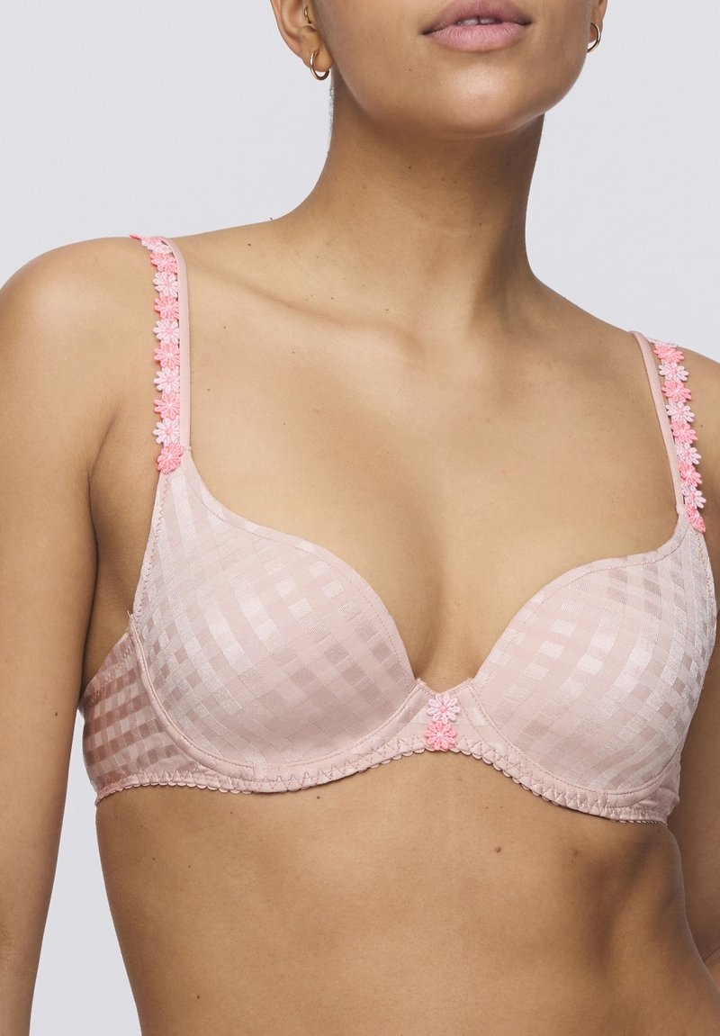 Pink checked bra with molded cups, floral accents on straps, and lace trim along the edges. Smooth texture and structured design.