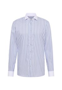 Camicia a maniche lunghe azzurro chiaro con strisce verticali scure. Caratterizzata da un colletto aperto, chiusura frontale con bottoni e polsini bianchi. Realizzata in tessuto intrecciato.