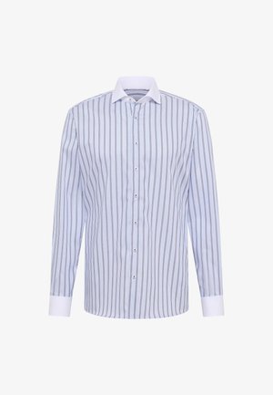 Jasnoniebieska koszula z długim rękawem w pionowe ciemne pasy. Posiada kołnierz typu spread, zapięcie na guziki z przodu oraz białe mankiety. Wykonana z tkaniny tkanej.