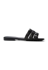 Svart slide-sandal med tre breda, texturerade remmar, en platt gummisula och en minimalistisk design för enkel användning.