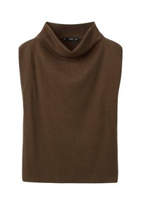 Pulover cu guler cowl tricotat, de culoare maro, cu o textură moale. Are o croială lejeră și nu are închizători vizibile, fiind proiectat pentru confort și căldură.