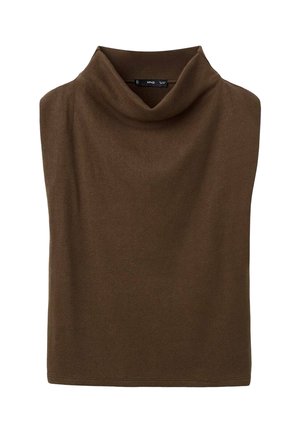 Hnědý pletený svetr s rolákem a jemnou strukturou. Má pohodlný volný střih a žádné viditelné zapínání, navržený pro komfort a teplo.