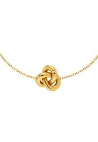 Złoty naszyjnik z zawieszką w kształcie potrójnego węzła na delikatnym łańcuszku. Zawieszka ma gładkie, polerowane wykończenie oraz symetryczny kształt.