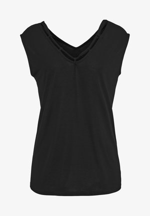 Haut noir à manches courtes avec un décolleté en V profond et un détail en découpes superposées. Fabriqué en tissu léger, il offre une coupe ample et décontractée.