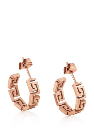 Rózsa arany fülbevalók geometrikus mintázattal, amely összekapcsolt négyzet alakú formákat tartalmaz, és pattintós záródással rendelkezik. Csillogó felület, finom textúrával.