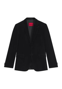 Zwarte fluwelen blazer met enkelknoop, twee voorzakken en knoopsluiting. Binnenvoering van een soepele stof, voorzien van het HUGO-label in het rood.