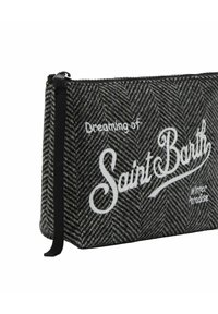 Custodia a zigzag in bianco e nero con chiusura a zip, che presenta il testo ricamato "Sognando Saint Barth" e "Paradiso Invernale."