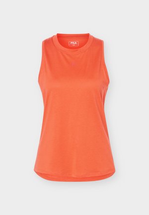 Orange sleeveless athletic tank top with round neck, small FILA logo below neckline, displayed on a plain light background.