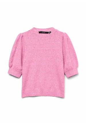 Suéter de manga corta color rosa suave con mangas abullonadas, puños acanalados y cuello redondo, colocado plano sobre un fondo blanco.