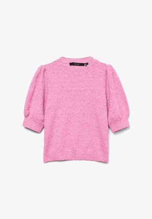 Suéter de manga corta color rosa suave con mangas abullonadas, puños acanalados y cuello redondo, colocado plano sobre un fondo blanco.