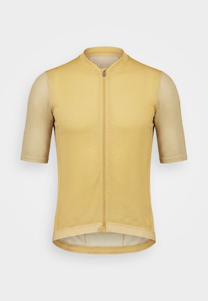 Maillot de cyclisme à manches courtes marron clair avec fermeture éclair intégrale à l'avant et tissu en mesh sur les manches et l'ourlet inférieur.