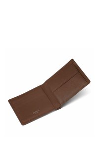 Bruine leren bifold portemonnee open met zichtbare kaartsleuven en een muntenzakje, met een gestructureerd oppervlak en "REDOLZ" branding aan de binnenkant.