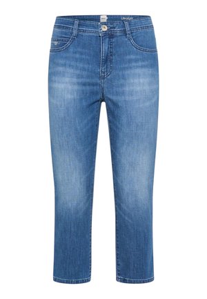 Jean capri en denim bleu clair avec une coupe droite, cinq poches et un bouton de fermeture. Détails de décoloration subtile et de couture.