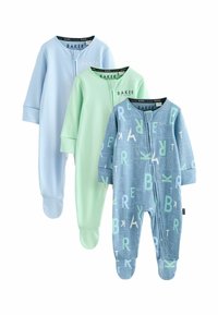 Trīs zīdaiņu guļammaisi gaiši zilos, piparmētru zaļos un zilos toņos ar burtu rakstu. Iezīmējas ar maigu audumu, garām piedurknēm un kāju daļu.