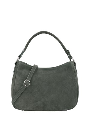 Dunkelgraue Veloursleder-Handtasche mit kurzem Griff und verstellbarem Schulterriemen, mit silbernen Metallverschluss-Akzenten.