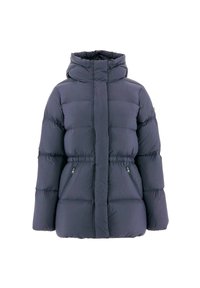 Marineblauwe pufferjas met een capuchon, voorzien van een quilted ontwerp, een rits aan de voorkant, twee zijzakken en een verstelbare tailleband voor een aansluitende uitstraling.