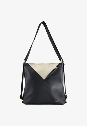 Crossbody taske med en sort tekstureret læderkrop og en metallisk guldfinish. Indeholder en lynlåslomme og en justerbar rem.