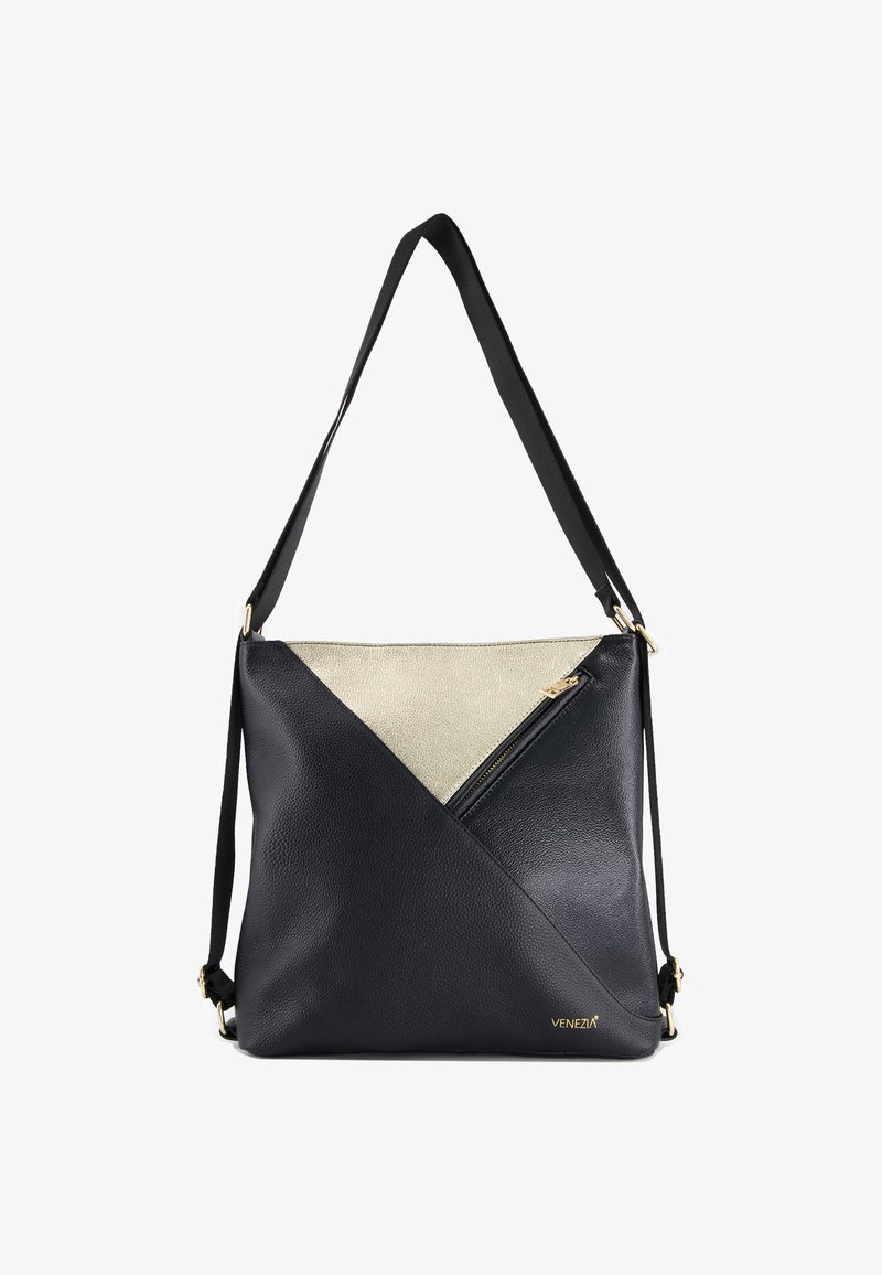 Crossbody taske med en sort tekstureret læderkrop og en metallisk guldfinish. Indeholder en lynlåslomme og en justerbar rem.