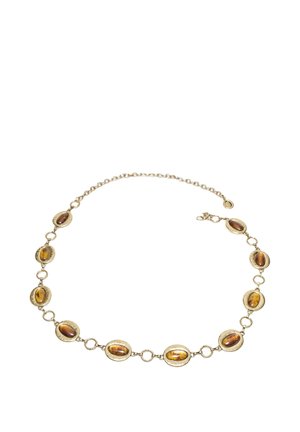 Gouden ketting met ovale barnstenen gezet in ronde gouden omlijstingen, verbonden door kleine gouden ringetjes en een sluiting.