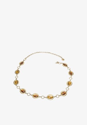 Collier chaîne en or avec des pierres d'ambre ovales serties dans des montures rondes en or, reliées par de petits anneaux en or et une fermeture à clip.