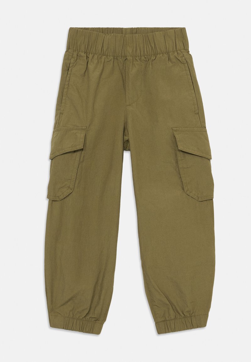 Pantalons cargo vert olive en tissu léger avec taille élastiquée, poignets fuselés et deux poches cargo sur les côtés.