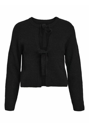 Black knitted cardigan with a cropped length, long sleeves, and a front tie closure. Ribbed texture and round neckline.