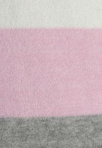 Soft, striped towel with three horizontal bands in white, pink, and gray. Textured, absorbent material with a plush surface.