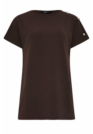 Brown short-sleeve top made of textured fabric, featuring a round neckline and decorative buttons on the shoulder for detailing.