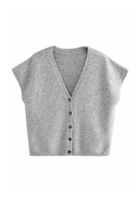 Cardigan en tricot gris clair à manches courtes avec un col en V et cinq boutons marron sur le devant, présenté sur un fond blanc.