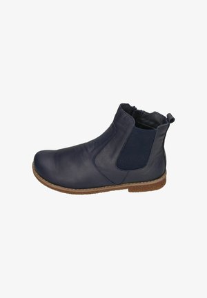 Navy leather ankle boot with elastic side panels and a textured brown sole. Smooth finish and reinforced heel for durability.