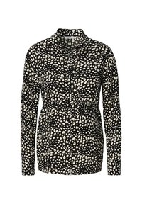 Zwarte overhemd met lange mouwen, voorzien van een wit abstract stippenpatroon en een elastische taille voor een ontspannen pasvorm.