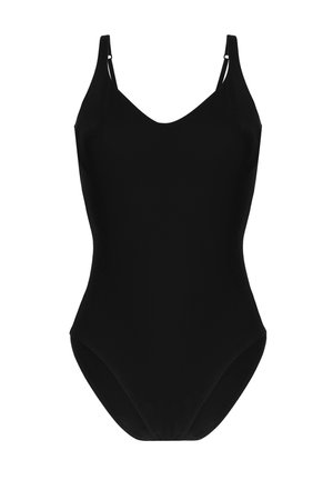 Costume da bagno intero nero con spalline sottili, scollatura a V, texture liscia e aperture per le gambe alte. Senza motivi o hardware aggiuntivo.