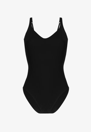 Sort heldragt badedragt med tynde stropper, V-udskæring, glat tekstur og højt skårne benåbninger. Ingen mønstre eller ekstra hardware.