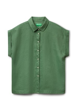 Short-sleeve, green button-up shirt made of lightweight fabric. Features a collar and five buttons down the front, with a relaxed fit.