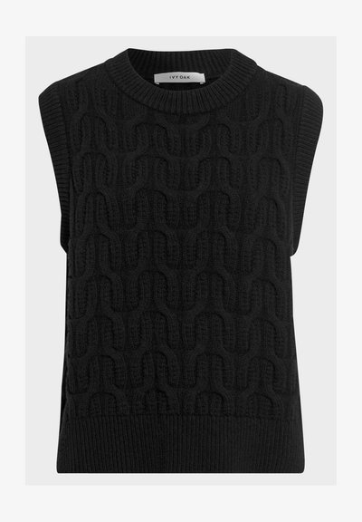 Débardeur sans manches en tricot noir avec un motif de vagues texturé, un col côtelé et des bords latéraux lisses. Tissu léger et confortable.