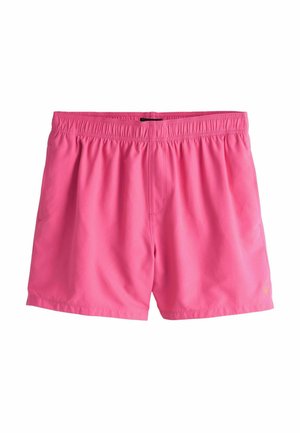 Rózsaszín fürdőnadrág könnyű anyagból, rugalmas derékpánttal és egy kis oldalsó logóval. Simas textúra, mintázat nélkül.