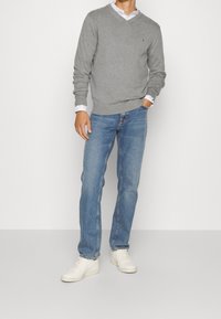 Maglione grigio in lana a v collo sopra una camicia bianca con colletto, abbinato a jeans blu chiaro e sneaker bianche. Design semplice e casual con minimi dettagli.