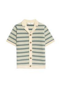 Kurzärmelige Strickjacke in hellbeige mit blauen Streifen, mit Kragen, knopflosem Frontverschluss und strukturiertem Muster im gesamten Design.