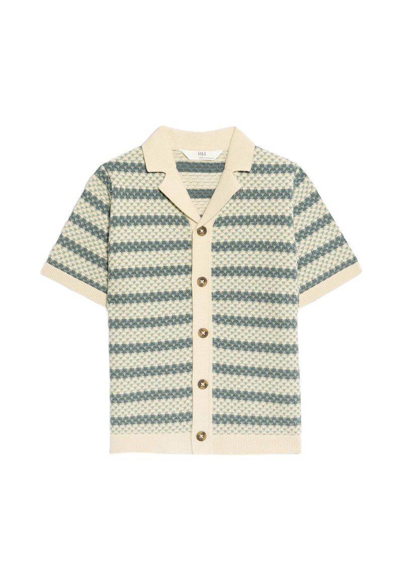Kurzärmelige Strickjacke in hellbeige mit blauen Streifen, mit Kragen, knopflosem Frontverschluss und strukturiertem Muster im gesamten Design.