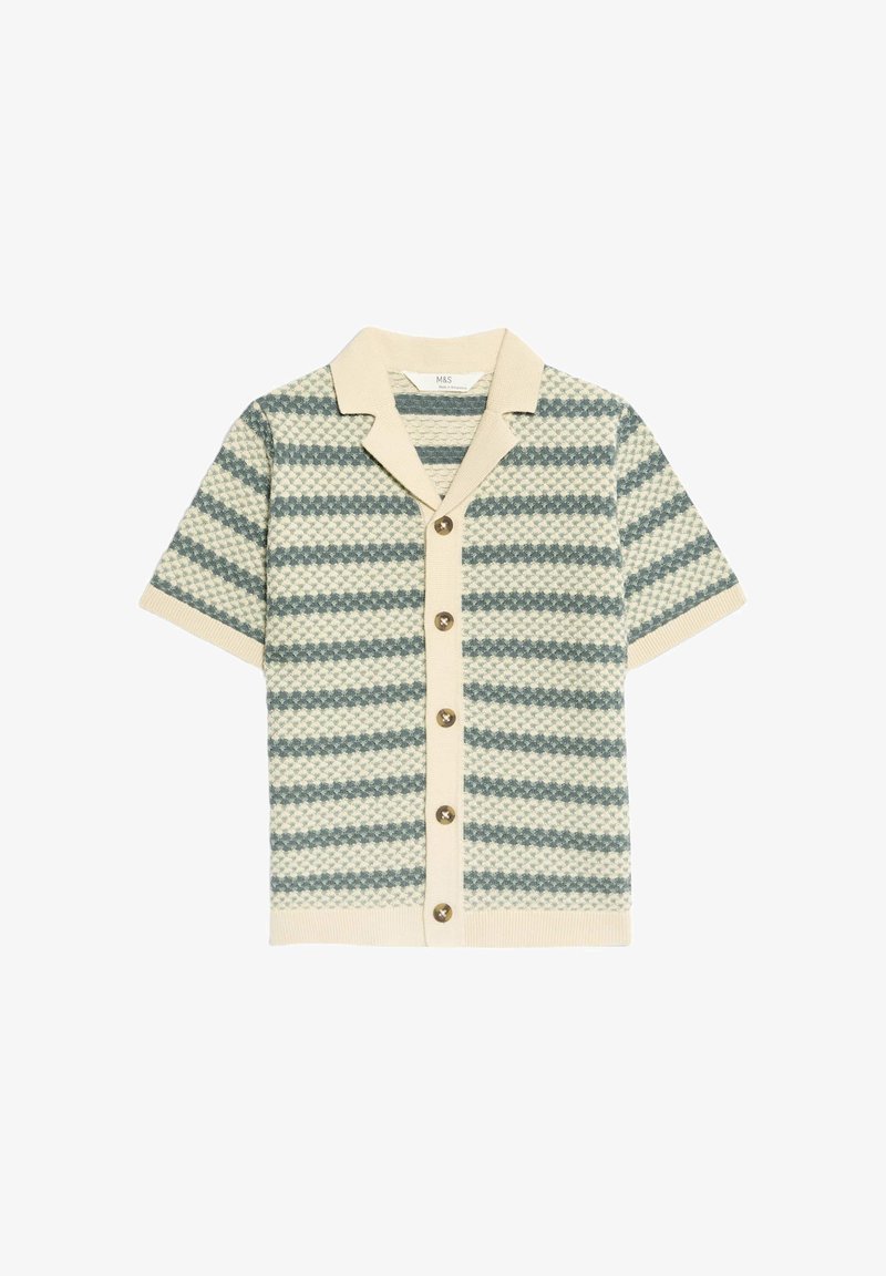 Cardigan a maniche corte in maglia con strisce beige chiaro e blu, dotato di colletto, chiusura con bottoni e motivo testurizzato su tutto il capo.