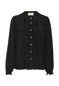 Blusa nera con maniche lunghe, dettaglio anteriore arricciato e chiusura con bottoni perlacei. Realizzata in tessuto leggero con una texture liscia.