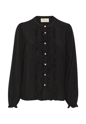 Zwarte blouse met lange mouwen, ruches aan de voorkant en parelknopen. Gemaakt van lichtgewicht stof met een gladde textuur.