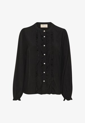 Zwarte blouse met lange mouwen, ruches aan de voorkant en parelknopen. Gemaakt van lichtgewicht stof met een gladde textuur.