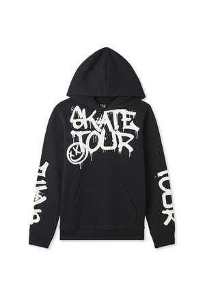 Felpa con cappuccio nera in cotone con testo in stile graffiti bianco "SKATE TOUR" e dettagli sulle maniche. Presenta una tasca frontale.
