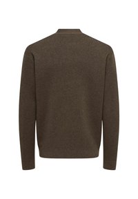 Brun genser med rund hals og lange ermer, med en strukturert strikk og en avslappet passform.