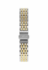Sidabrinis ir auksinis metalinis rankinis laikrodis su mišrių nuorodų apyranke, turintis stačiakampį užsegimą, ant kurio išgraviruotas "FURLA".